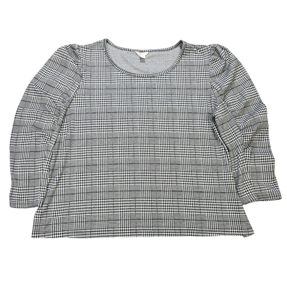 Cato Scoop Neck Knit Top Women's Size XL Black White Glen Plaid Rouched Sleeve